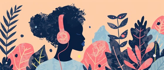 Listening to favorite music through the mobile application. Female character. Internet online radio streaming, music applications, playlist online podcast concept. Modern illustration.