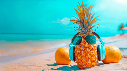 Una piña con gafas de sol y auriculares en una playa con naranjas y un cielo azul de fondo