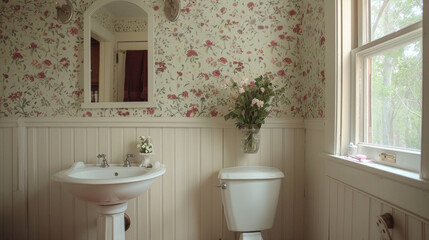 A cottage-style bathroom with beadboard walls, a pedestal sink, and vintage-inspired floral wallpaper for a cozy and inviting feel