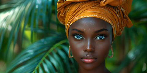 modern black woman with a turban in jungle - obrazy, fototapety, plakaty