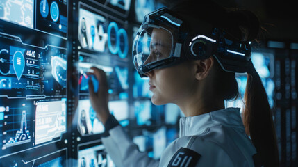 A professional in a futuristic headset analyzes data on transparent digital screens, interacting with a high-tech interface in a dark control room environment.