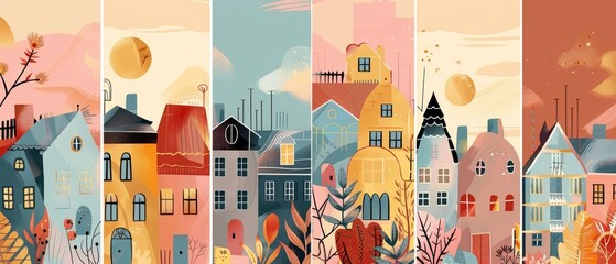 Spring time illustration of detailed colorful houses. Trendy style cute buildings. Modern flat illustration with lettering.