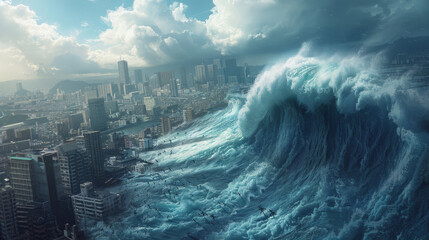 An apocalyptic scene where a massive tidal wave looms over a modern cityscape under a dramatic sky, depicting a sense of impending disaster and the power of nature.