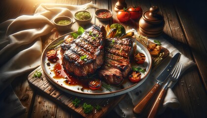 Grilled delights: Temptations on a warm wooden table  