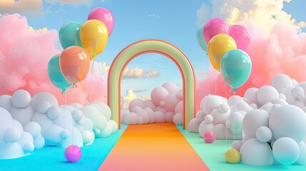 3d archway with colorful pastel balloons background design - obrazy, fototapety, plakaty