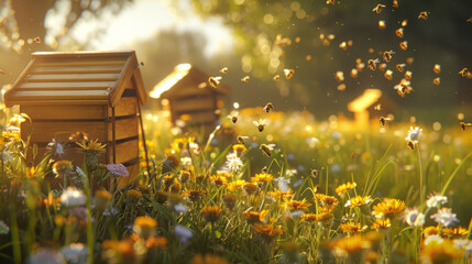 A vibrant scene of a wooden beehive amidst a blooming meadow with bees flying around in the warm sunlight filtering through trees. - obrazy, fototapety, plakaty