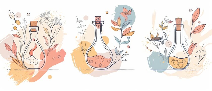 The set of laboratory equipment features flat outlined colors and is hand drawn with childish chemistry and science icons. The set includes elements, tools and test tubes.