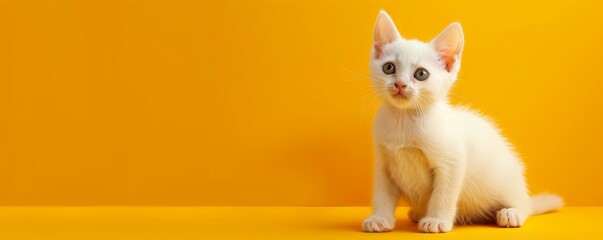 Cute little kitten on banner background with copyspace for your text