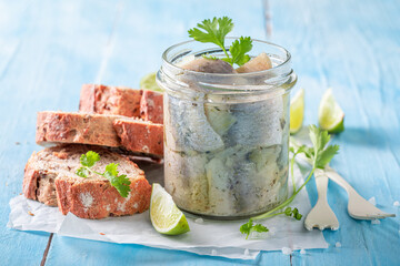 Healthy and tasty pickled fish with herbs and onion. - 766314486