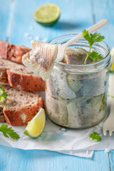 Fresh and delicious pickled fish served with coriander and bread. - 766314602