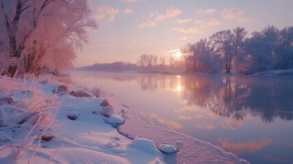 A tranquil winter landscape at sunrise, featuring a frosted riverbank with snow-covered rocks, delicate ice formations, leafless trees with a layer of hoarfrost - obrazy, fototapety, plakaty