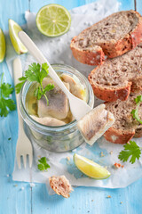 Fresh and delicious pickled fish as popular Polish snack. - 766314685