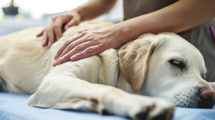 Photo of a fawn Labrador retriever on a massage by a rehabilitation doctor in physiotherapy. Inspection of a dog at a veterinary clinic - obrazy, fototapety, plakaty