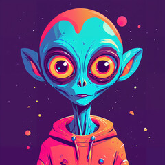 An illustration featuring an alien floating amidst a cosmic landscape adorned with swirling planets and twinkling stars. The alien, in a futuristic