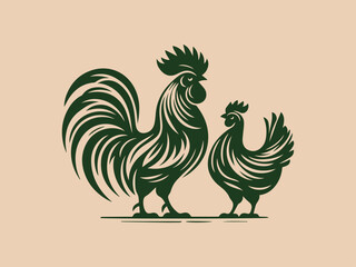 Rooster and hen. Vintage green old engraving illustration, emblem, logo