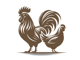Rooster and hen. Vintage brown old engraving illustration, emblem, logo