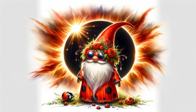 Enhance the solar eclipse in the image of the gnome in a red ladybug costume, making it more visually stunning with radiant solar flares and a vivid corona, while maintaining the whimsical and enchant