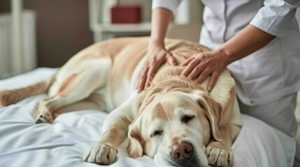 Photo of a fawn Labrador retriever on a massage by a rehabilitation doctor in physiotherapy. Inspection of a dog at a veterinary clinic