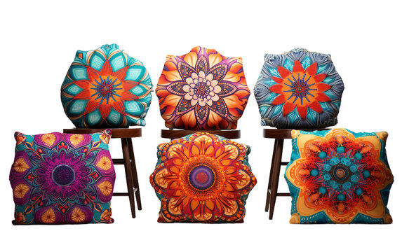 Vibrant Mandala-Themed Chair Cushions Collection Isolated on Transparent Background PNG.