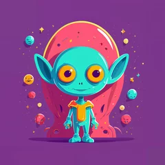 Zelfklevend Fotobehang An illustration featuring an alien floating amidst a cosmic landscape adorned with swirling planets and twinkling stars. The alien, in a futuristic © Ирина Абраменко