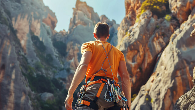 An outdoor sport enthusiast is depicted from behind, equipped with climbing gear, standing before a towering rock in the mountains