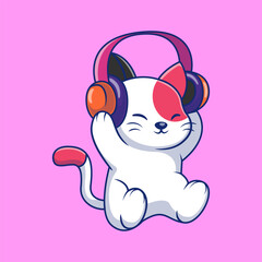 Cute Cat Wearing a Headphone Cartoon Vector Icons Illustration. Flat Cartoon Concept. Suitable for any creative project.
