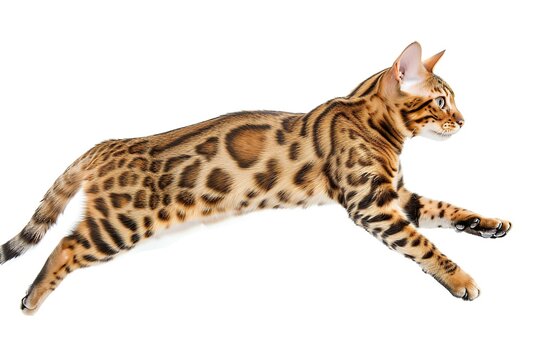 commercial photo of a Bengal cat jumping on a white background