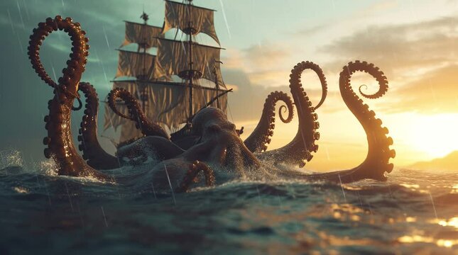 Dramatic showdown: A colossal octopus confronts a pirate ship, its tentacles reaching out menacingly.
  Seamless looping 4k time-lapse virtual video animation background. Generated AI