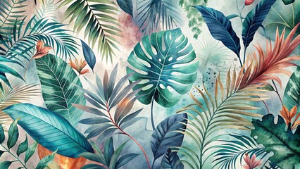 Abstract art tropical leaves background vector. Wallpaper design with watercolor art texture from palm leaves, Jungle leaves, monstera leaf, exotic botanical floral pattern.