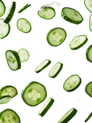 cucumber slices flying on white background, high resolution photography