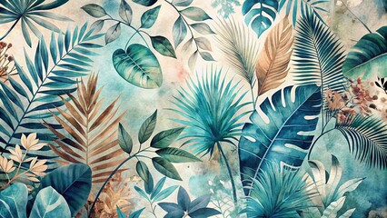 Abstract art tropical leaves background vector. Wallpaper design with watercolor art texture from palm leaves, Jungle leaves, monstera leaf, exotic botanical floral pattern. - obrazy, fototapety, plakaty