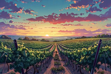 An illustrated vineyard basks in the glow of a sunset, with rows of grapevines stretching towards the horizon under a vivid sky. - obrazy, fototapety, plakaty
