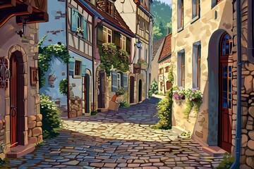 A vibrant illustration capturing the essence of a European cobblestone street, adorned with flowering plants and traditional architecture, basking in the warm sunlight.