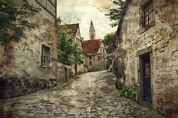 An illustration depicting a serene, aged cobblestone path winding through an old village with rustic buildings and a distant church spire. - obrazy, fototapety, plakaty