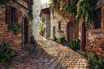 This illustration invites you on a stroll through a timeless cobblestone alleyway, with stone houses adorned with ivy and red flowers basking in the soft, dappled light. - obrazy, fototapety, plakaty