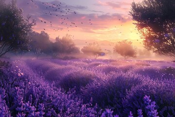 A stunning sunrise over fragrant lavender fields, with soft mist and a sky graced by a flock of birds, invoking a sense of calm and beauty. - obrazy, fototapety, plakaty