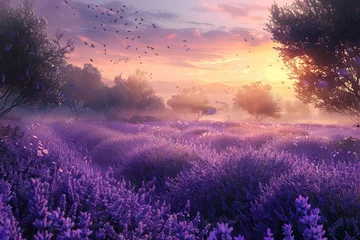 Deurstickers A stunning sunrise over fragrant lavender fields, with soft mist and a sky graced by a flock of birds, invoking a sense of calm and beauty. © Maria