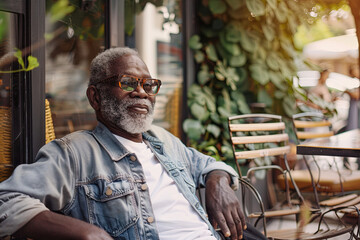 A contemplative senior man with a stylish beard and glasses enjoying a moment of solitude at an outdoor cafe surrounded by greenery.