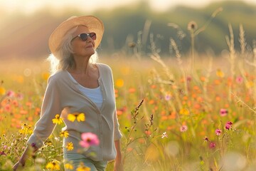 A senior woman stands amidst a meadow of wildflowers, her straw hat and gentle smile reflecting the tranquility and beauty of nature.