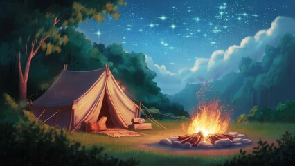  camping with a picturesque scene featuring a tent pitched amidst serene nature, a crackling campfire, and twinkling stars overhead, evoking feelings of adventure and tranquility - obrazy, fototapety, plakaty