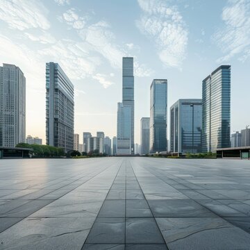 Panoramic skyline and modern business office buildings with empty road, empty concrete square floor. Generative AI 