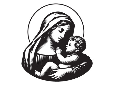 recommend clip art: Virgin Mary with baby Jesus in her arms. Renaissance style. Vintage vector engraving illustration. Black and white color. isolated object. Icon, round logo, emblem	