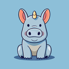 Cute Kawaii Rhino Vector Clipart Icon Cartoon Character Icon on a Sky Blue Background