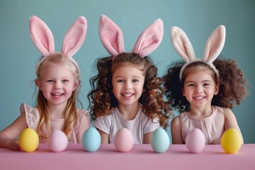 Obraz na płótnie Canvas Joyful Easter Celebration Captured With Smiling Children Wearing Bunny Ears Against Pastel Backdrop