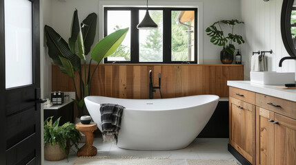 Fototapeta premium A Scandinavian-inspired bathroom with black accents, natural wood elements, and clean lines for a minimalist yet cozy feel