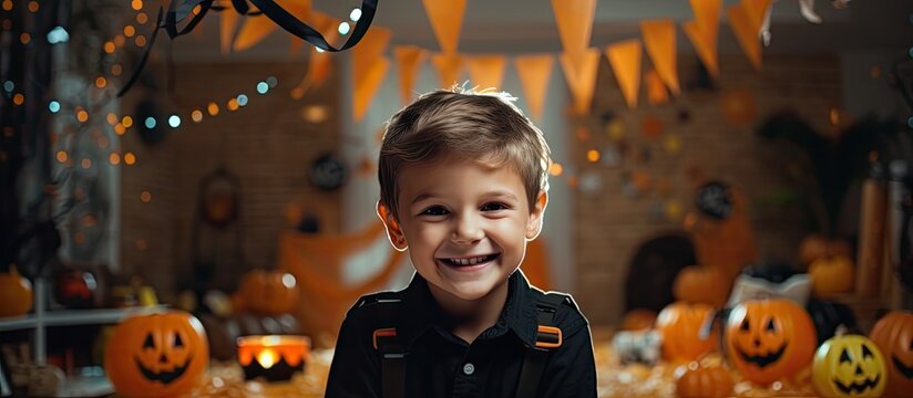 A happy toddler is smiling in front of a Halloween decoration, capturing a fun moment during the event. The childs portrait photography reflects their joy and excitement