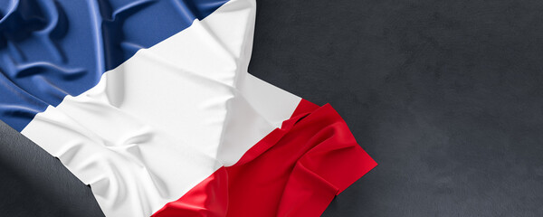 Flag of France. Fabric textured France flag isolated on dark background. 3D illustration
