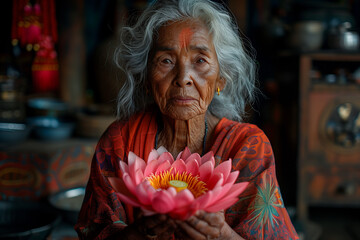 Old woman gracefully holding a pink flower in her hands  Wesak or Vesak Day