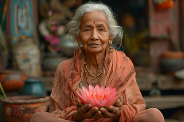 Elderly woman holding a pink flower in her hands on Vesak Day