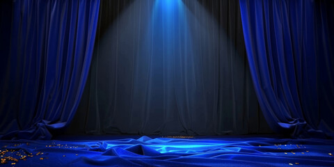 Blue stage curtains. Empty theater stage with blue curtains. Spotlight showtime, copy space, banner - obrazy, fototapety, plakaty